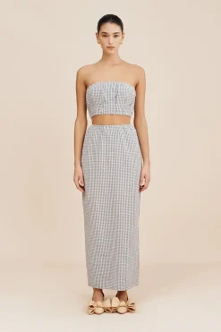 Cheap POSSE MIRA STRAPLESS CROP TOP GinghamBlue&Cream