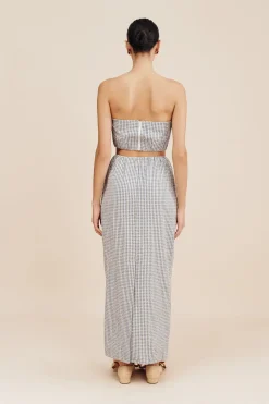Cheap POSSE MIRA STRAPLESS CROP TOP GinghamBlue&Cream